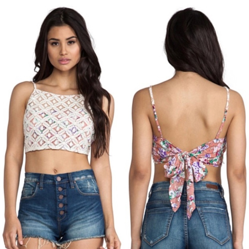 Free People Lace Halter Crop Top with Tie in Back